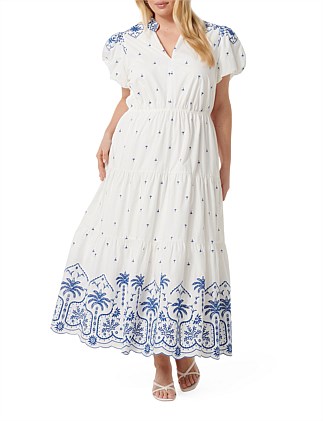 LILO CURVE TIERED EMBROIDERY MIDI DRESS