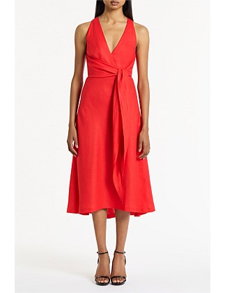 SCARLATTO LINEN V-NECK WRAP DRESS