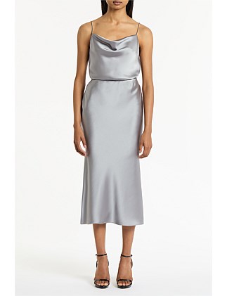 SILVER SATIN MIDI SKIRT