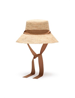 TIE TRIM RAFFIA BUCKET HAT