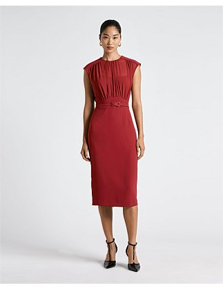 CRIMSON GATHERED BLOUSON PENCIL DRESS