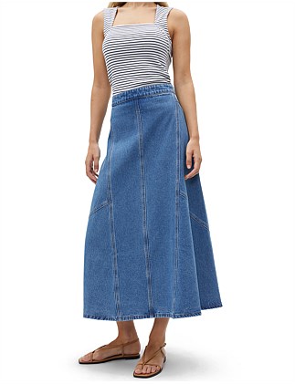 DENIM FLARE MIDI PANEL SKIRT