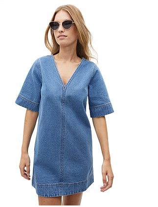 DENIM V NECK MINI DRESS