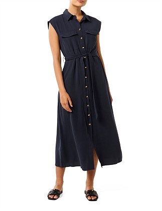 MIKAYLA TIE BELT BUTTON UP MIDI DRESS