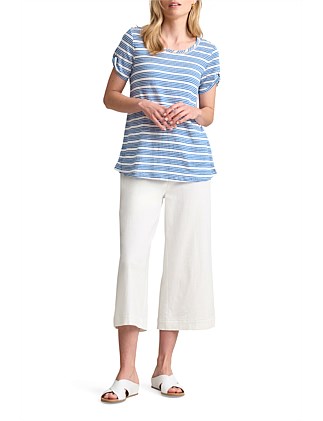 STRIPE LINEN TEE - WHITE/COBALT