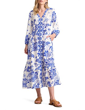 PRINTED TIERED MAXI DRESS - BLUE/WHITE