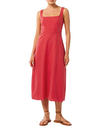 TORI SQUARE NECK LINEN MIDI DRESS