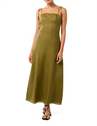 RITA BEADED TIE LINEN MIDI DRESS