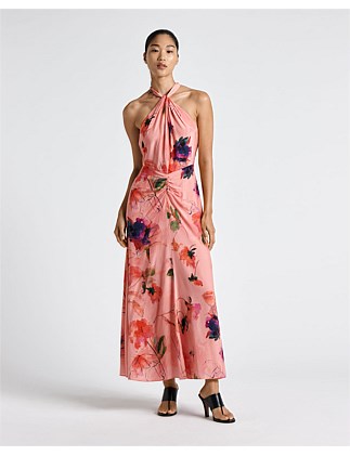 WATERCOLOUR FLORAL HALTER MIDI DRESS