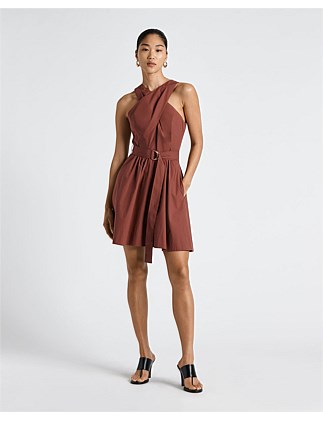 WRAP NECK BELTED MINI DRESS