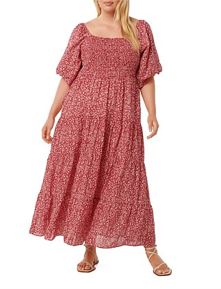 BRYNLEIGH CURVE COTTON SHIRRED MIDI DRESS