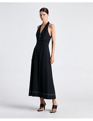 TOPSTITCHED HALTERNECK MIDI DRESS