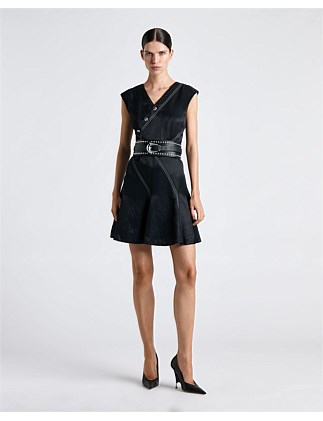 TOPSTITCHED ASYMMETRIC BUTTON MINI DRESS