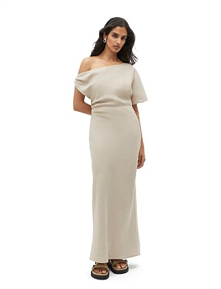 LINEN DRAPED SHOULDER MIDI DRESS