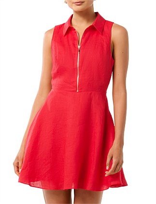 NINA ZIP FRONT COLLAR LINEN MINI DRESS