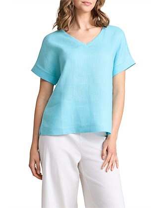 LINEN MIX V-NECK TOP - BLUE LAKE