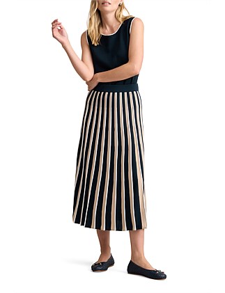 PLEATED KNIT SKIRT - NAVY/WHITE/SAND