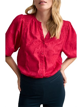 JACQUARD SMOCKED BLOUSE - ROUGE