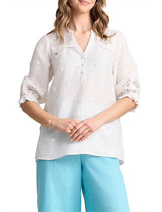 LACE EMBROIDERED LINEN TOP - WHITE