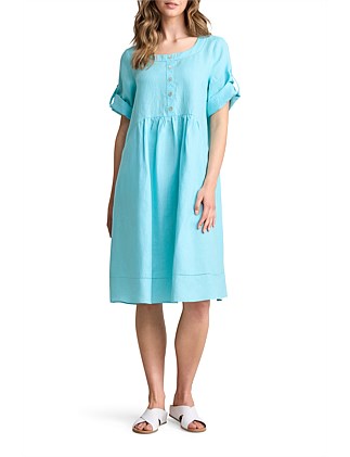 BUTTON DETAIL LINEN DRESS - BLUE LAKE