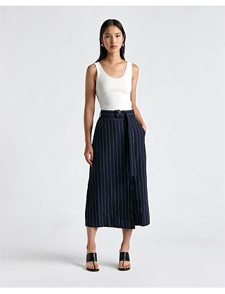 PINSTRIPE BELTED COLUMN SKIRT