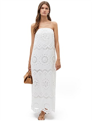 SCALLOP BRODERIE STRAPLESS MIDI DRESS