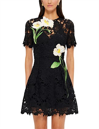 Margot Embroidered Lace Mini Dress - Ebony