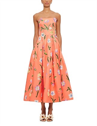 Lynn Bustier Midi Dress - Wild Flower in Coral