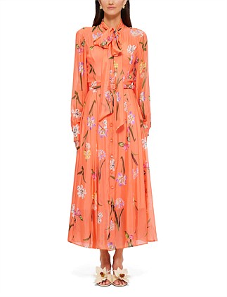 Liliane Tie Neck Midi Dress - Wild Flower in Coral