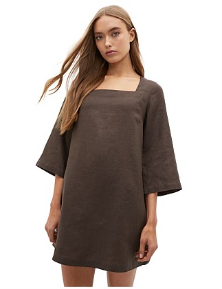 LINEN SQUARE NECK MINI DRESS