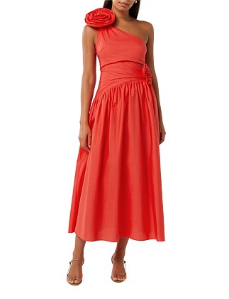 JOSEFINA ONE SHOULDER ROSETTE MIDI DRESS