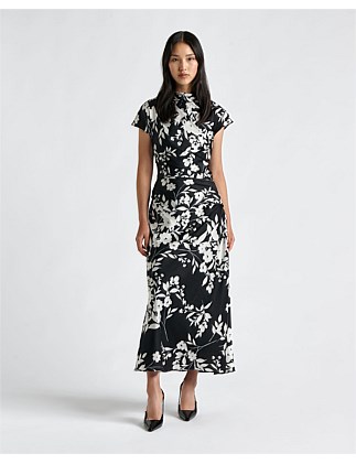 SHADOW STENCIL FLORAL SATIN MIDI DRESS