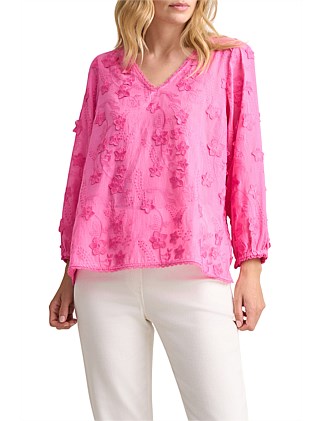 LACE TRIM EMBROIDERED TOP - VIVID PINK