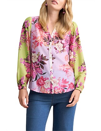 PRINTED COTTON SILK SHIRT - SPLICED FLORAL