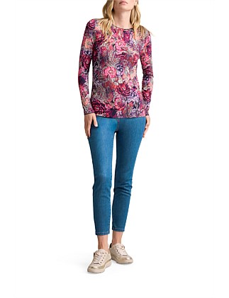 LONG SLEEVE CREW NECK TOP - WINTER ROSE PRINT