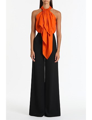 TANGERINE SILK TWILL RUFFLE HALTER TOP