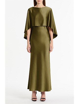 MOSS SATIN CAPE DRESS