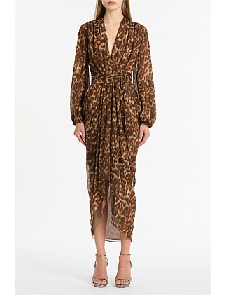 LEOPARD SILK WATERFALL DRESS