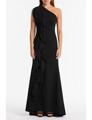 BLACK CREPE ONE SHOULDER PETAL GOWN