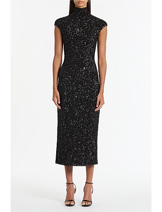 BLACK CRUSHED SEQUIN CAP SLEEVE MIDI DRESS