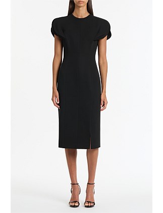 BLACK CREPE PETAL SLEEVE FITTED DRESS