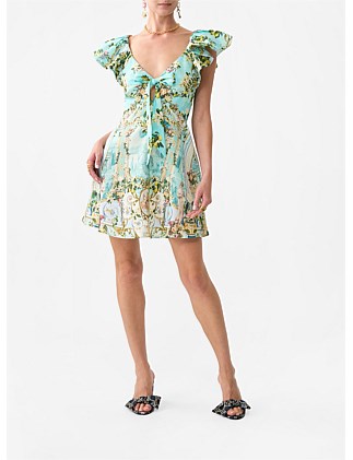 TIE FRONT FRILL SLEEVE SHORT DRESS