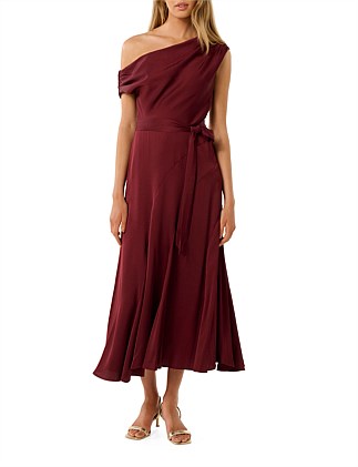 MEGAN SATIN ASYMMETRICAL MIDI DRESS